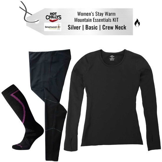 [Stay Warm Mountain Essentials Kit] - Womens - Hot Chillys (Silver | Basic | Crew Neck)
