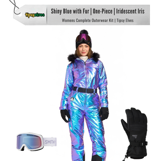 [Complete Outerwear KIT] - Womens - Tipsy Elves (Shiny Blue with Fur | One-Piece | Iridescent Iris)