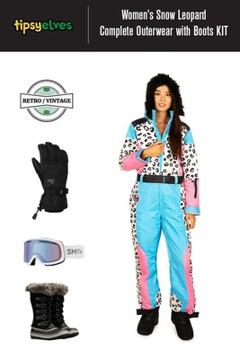[Complete Outerwear with Boots KIT] - Women's - Tipsy Elves (Black / White / Blue | Snow Leopard)