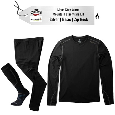 [Stay Warm Mountain Essentials Kit] - Mens - Hot Chillys (Silver | Basic | Crew Neck)