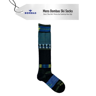 ** SELL TO AJS DO NOT USE ** [Socks] - Mens - Bombas (Black / Blue Bird | Merino Geo Feedstripe Knee High)