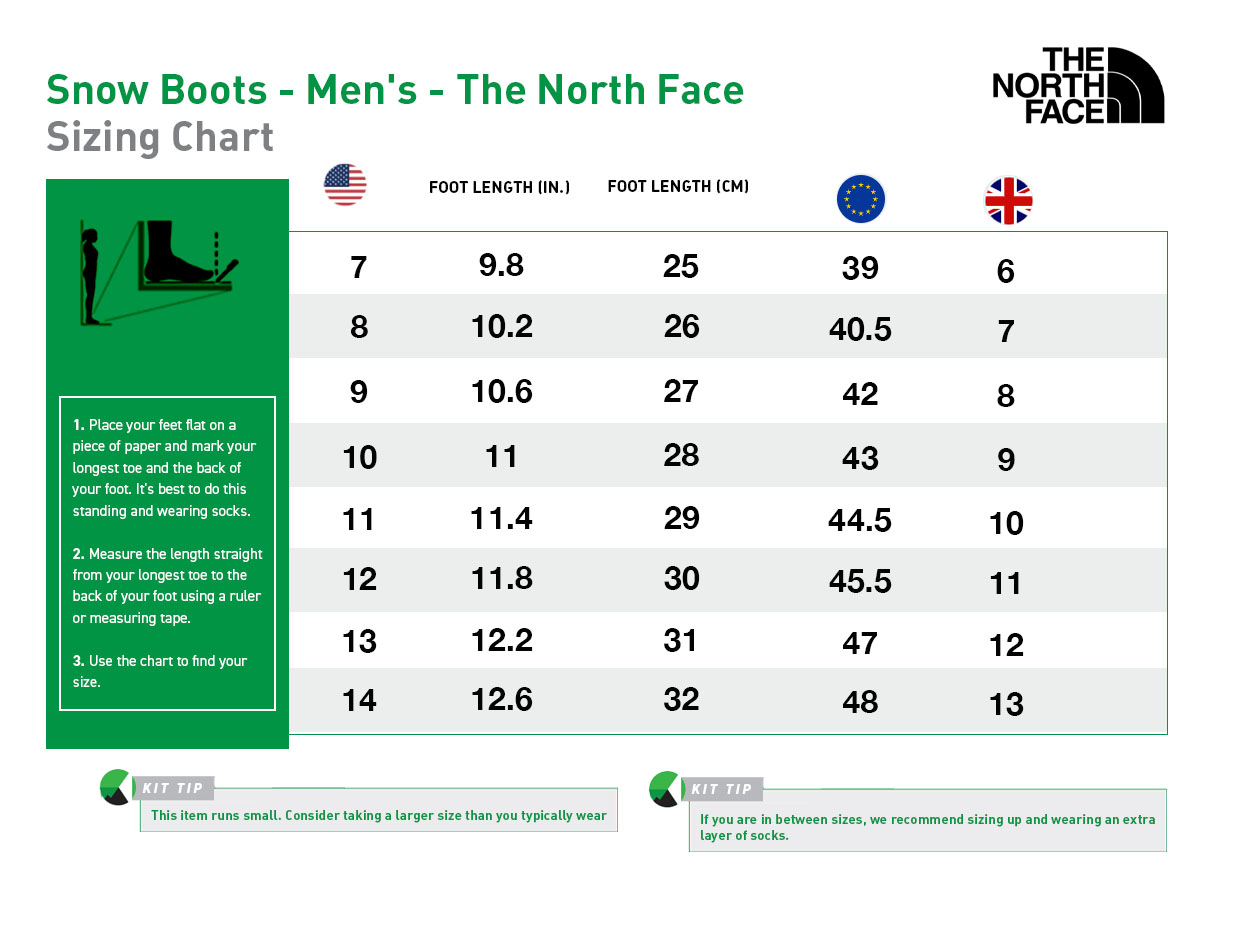 The north face shoe size chart outlet
